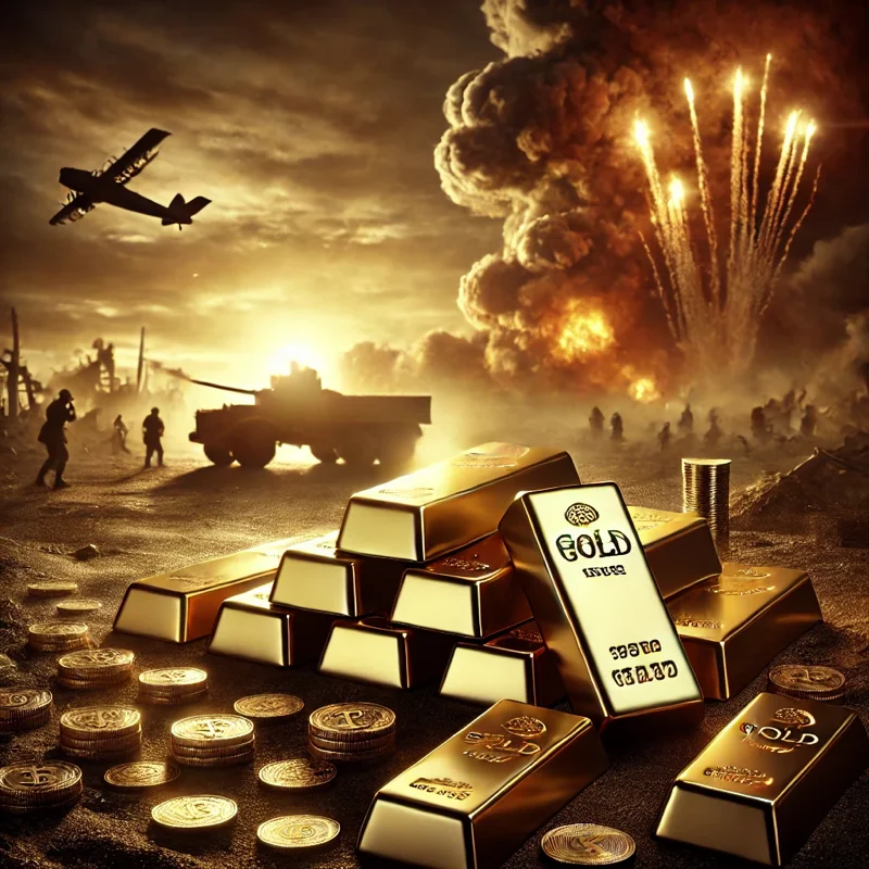 Alt text: Gold bars and coins in the foreground, with a hazy background of smoke and chaos, symbolizing stability amid global turmoil.