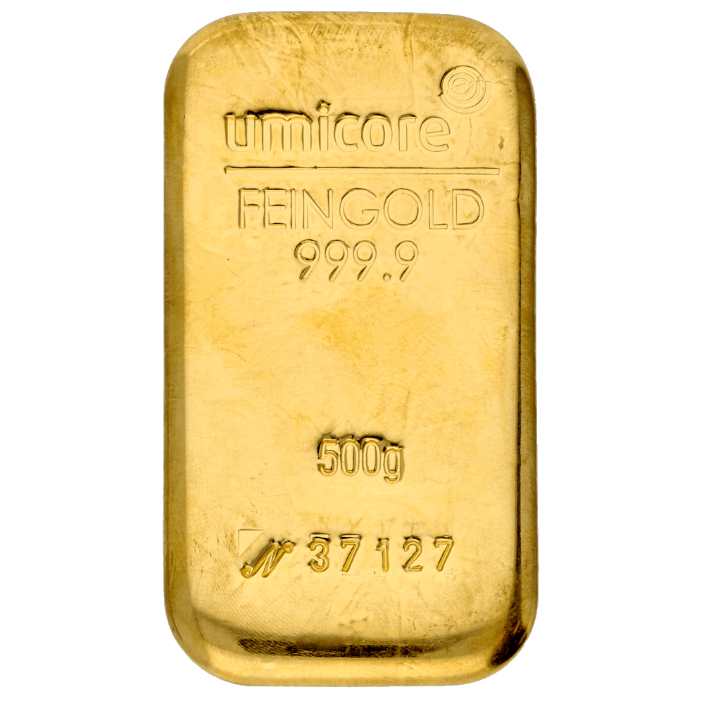 Goudbaar Umicore 500 gram met certificaat